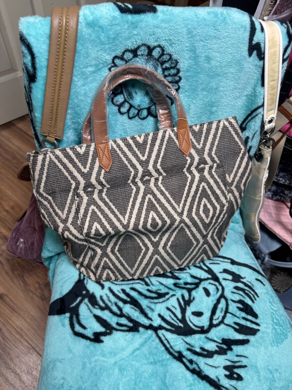 Tapestry Geometric Tote Bag with Leather Handles - Black & Cream